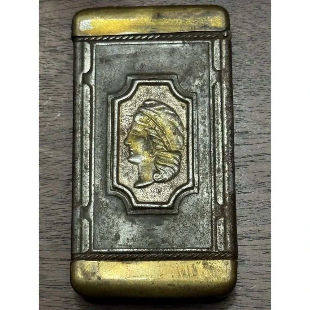 antique figural American Flag & lady silver plate metal vesta match  Box #3